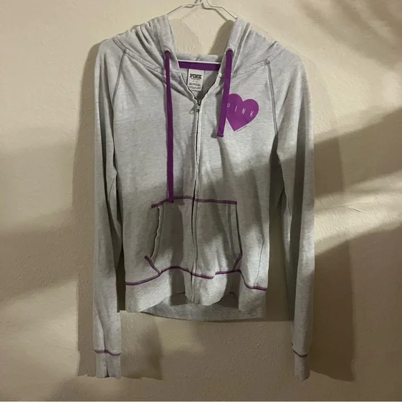 Pink Victorias Secret Light Grey Long Sleeve Zip Up Hoodie Size: S - Picture 2 of 4